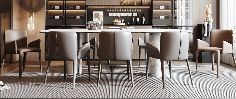 Elegant Modern Dining Table Set With Grey Leather Chairs And Marble Top In Kitchen Interior 3d model 