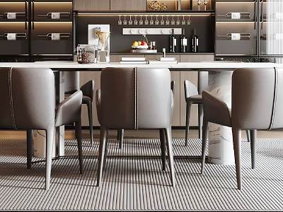 Elegant Modern Dining Table Set With Grey Leather Chairs And Marble Top In Kitchen Interior 3d model