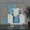 Modern Room Divider With Golden Frame And Geometric Translucent Colored Panels In Interior