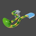 Colorful Green And Yellow Striped Spiral Water Slide With Platform And Blue Pool