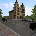 Christian Religious Church Building With Twin Towers Crosses Yellow Exterior Trees Cars And Blue Sky