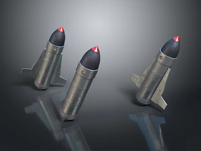 Three Metallic Military Bombs with Red Tips and Fins on Reflective Surface 3d model