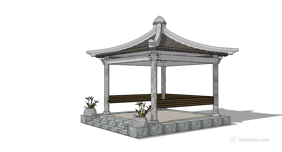 Traditional Chinese Pavilion With Stone Columns Classic Roof And Potted Plants On Platform 3d model 