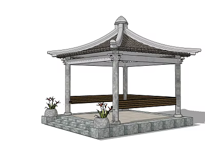 Traditional Chinese Pavilion With Stone Columns Classic Roof And Potted Plants On Platform 3d model