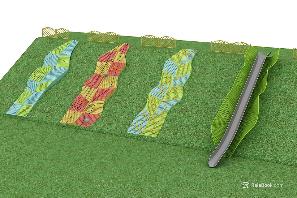 Garden Landscape Design With Green Lawn Colorful Winding Paths and Slide along Yellow Fences 3d model 