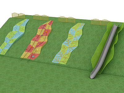 Garden Landscape Design With Green Lawn Colorful Winding Paths and Slide along Yellow Fences 3d model
