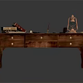 Vintage Wooden Desk with Drawers Old Books Papers Inkwell and Copper Lantern