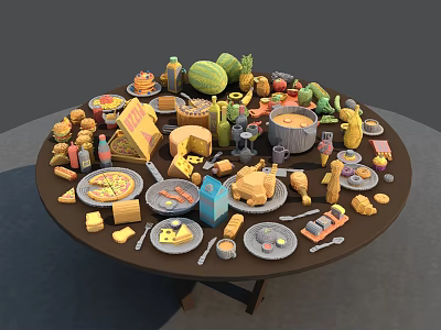 Assorted Foods Display On Round Table With Pizza Fruits Cheese And Drinks 3d model