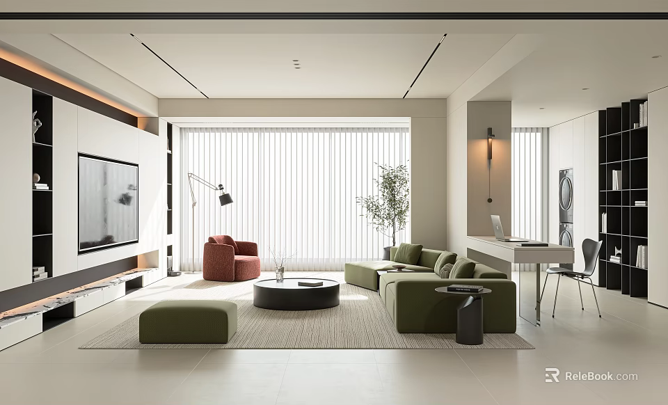 Modern Living Room Interior With Green Sofa Red Chair Coffee Table And Large Window Blinds 3d model 