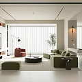 Modern Living Room Interior With Green Sofa Red Chair Coffee Table And Large Window Blinds