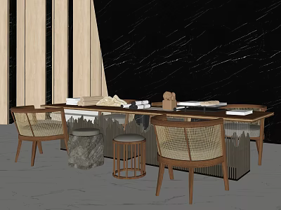 Modern Desk Setup With Wooden Chairs Stools And Decorative Items 3d model