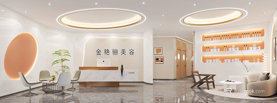 Elegant Modern Hotel Lobby Interior With Reception Desk And Circular Lighting Fixtures 3d model 