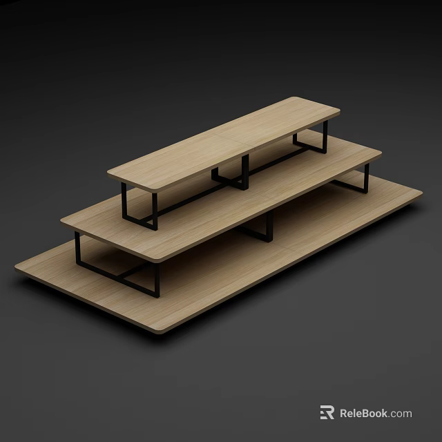 Three Tiered Wooden Display Shelf With Black Metal Frame And Step Design 3d model 