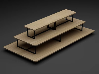 Three Tiered Wooden Display Shelf With Black Metal Frame And Step Design 3d model
