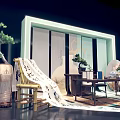 Traditional Chinese Interior With Screen Bonsai Tree Calligraphy Scroll And Wooden Table