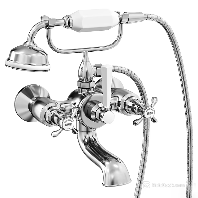 Chrome Shower Faucet Featuring Rain Shower Head Handheld Spray and Control Knobs in Classic Design 3d model