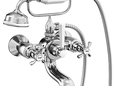 Chrome Shower Faucet Featuring Rain Shower Head Handheld Spray and Control Knobs in Classic Design 3d model