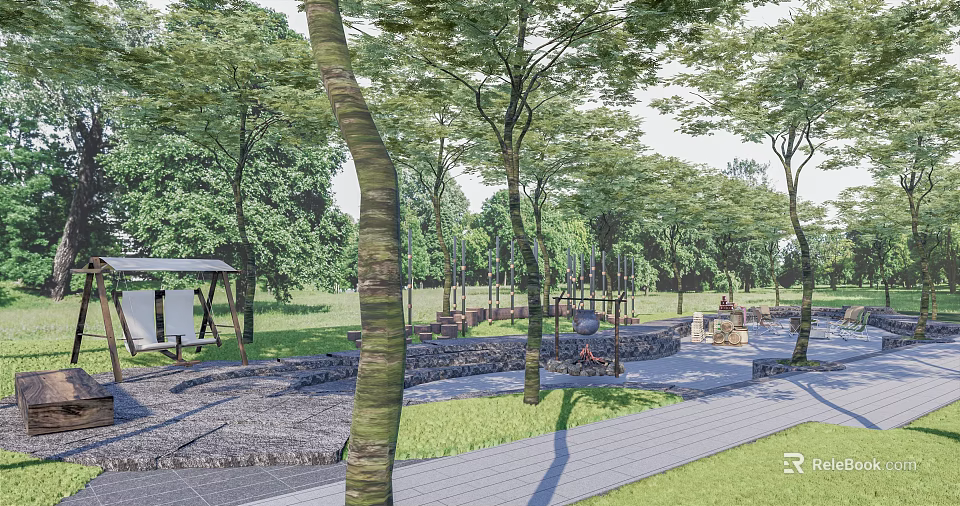 Scenic Camping Site With Lush Trees Green Grass Stone Paths Wooden Walkway And Fire Pits 3d model 