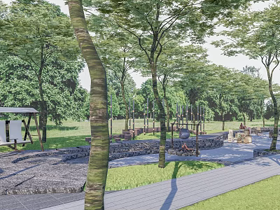 Scenic Camping Site With Lush Trees Green Grass Stone Paths Wooden Walkway And Fire Pits 3d model