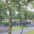 Scenic Camping Site With Lush Trees Green Grass Stone Paths Wooden Walkway And Fire Pits