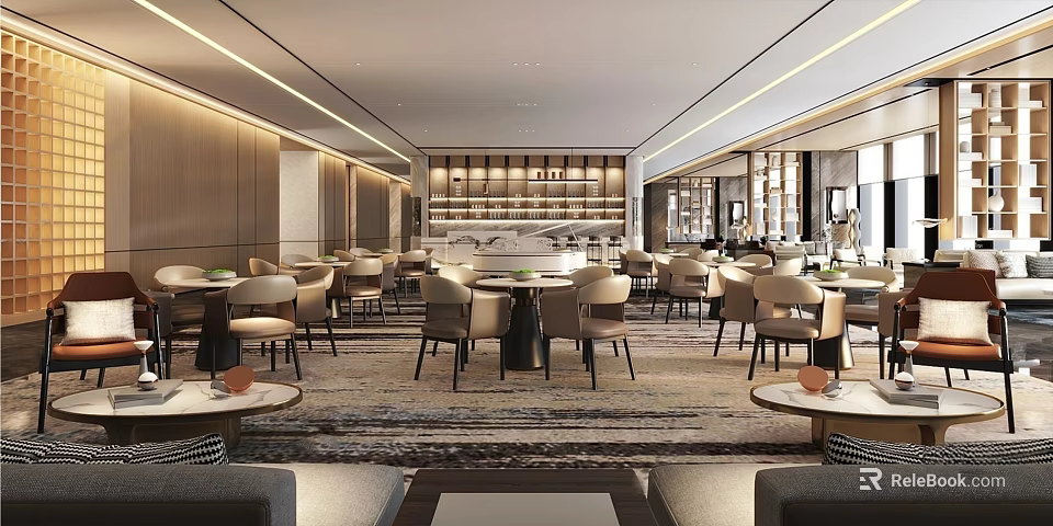 Elegant Modern Hotel Lobby Bar Interior With Comfortable Seating And Bar Counter 3d model 
