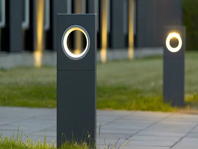 Black Columnar Outdoor Lights With Round Illuminated Ring For Garden Path And Lawn Area 3d model
