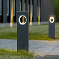 Black Columnar Outdoor Lights With Round Illuminated Ring For Garden Path And Lawn Area