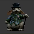 Ornate Decorative Rabbit Figurine Wearing Blue Top Hat Green Coat With Floral Patterns And Cane