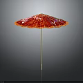 Red Floral Patterned Umbrella As Furniture Decor With Gold Trim And Light Handle