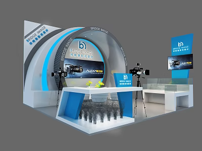 ALCOHOL Brand Modern Exhibition Booth With Arc Design Blue White Display Screens And Cameras 3d model