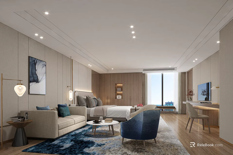 Modern Hotel Room Interior With Comfortable Sofa King Bed And Large Window 3d model