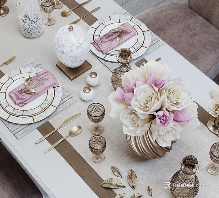 Elegant Golden Tableware Set with Pink White Roses Marble Decor and Dining Setting 3d model 