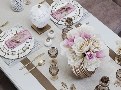 Elegant Golden Tableware Set with Pink White Roses Marble Decor and Dining Setting 3d model