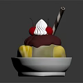White Plate With Banana Ice Cream Sundae Topped With Chocolate Sauce Cherries And Whipped Cream