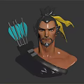 3D Male Archer Character With Topknot Green Arrows Yellow Ribbon And Serious Expression