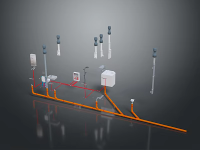 3D Model Of Computer Network Equipment With Antennas Orange Cables And Devices 3d model