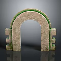 Scenic Stone Archway View with Green Moss Covered Surface Against Gray Background and Reflection