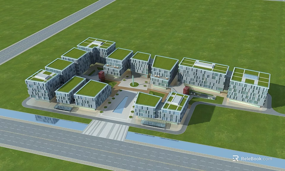 Modern Building Complex With Green Roofs Open Plazas And Water Elements 3d model 