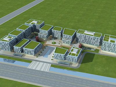 Modern Building Complex With Green Roofs Open Plazas And Water Elements 3d model
