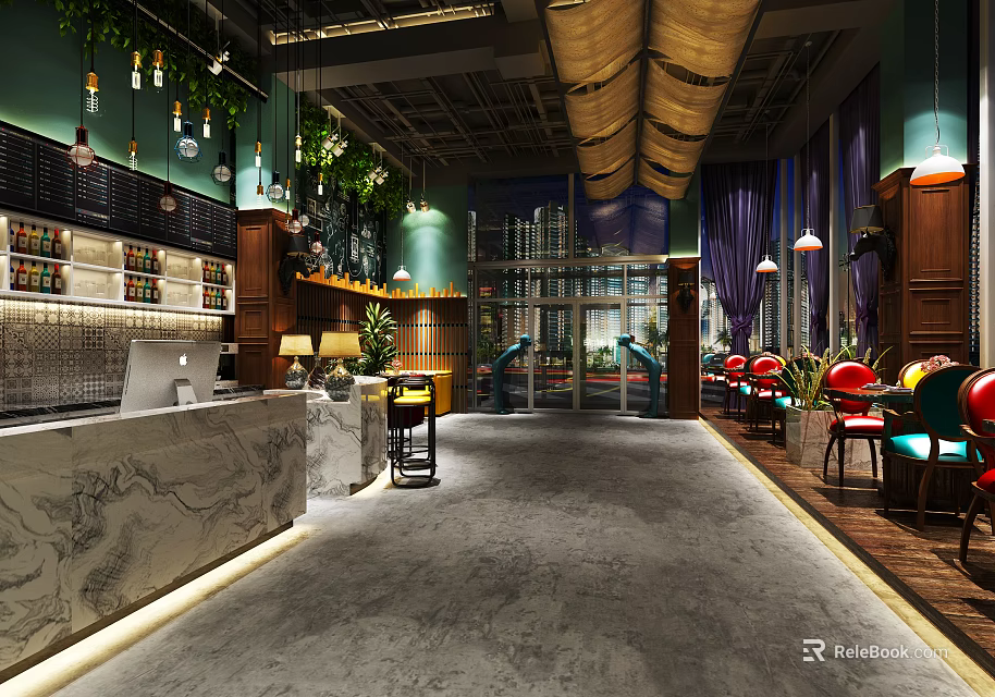 Elegant Restaurant Interior With Marble Counter Green Plants Pendant Lights Red Chairs And Blue Curtains 3d model 