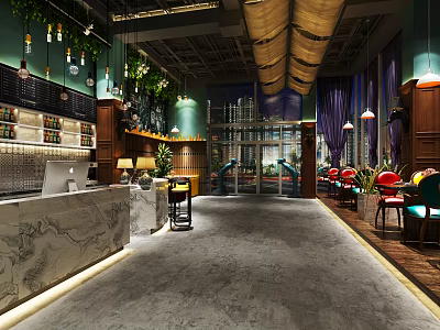 Elegant Restaurant Interior With Marble Counter Green Plants Pendant Lights Red Chairs And Blue Curtains 3d model