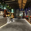 Elegant Restaurant Interior With Marble Counter Green Plants Pendant Lights Red Chairs And Blue Curtains