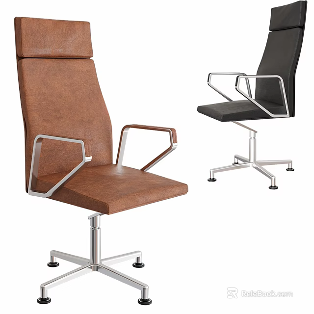Modern Brown Black Leather Office Chairs with Metal Armrests and Swivel Base 3d model 