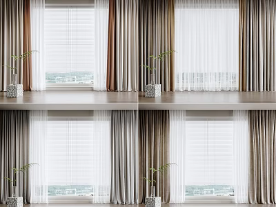 Sheer White And Brown Gray Curtains For Window With View And Potted Plant On Sill 3d model