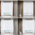 Sheer White And Brown Gray Curtains For Window With View And Potted Plant On Sill