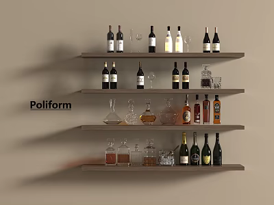 Poliform Wall Shelves Displaying Wine Bottles Glasses And Decanters With Various Liquors 3d model