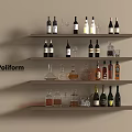 Poliform Wall Shelves Displaying Wine Bottles Glasses And Decanters With Various Liquors