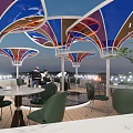 Yacht Deck with Colorful Canopies Tables and Chairs during Sunset with Ambient Lighting