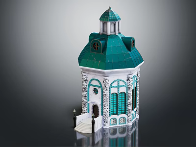 European-style Architecture Model Showcasing Green Dome White Walls Arched Windows Decorative Carvings And Steps 3d model