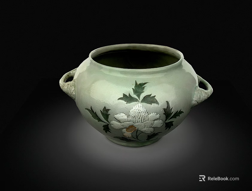 Traditional Ceramic Jar With Two Handles And Floral Leaf Patterns 3d model 